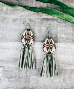 Blue Tortoise Neutral & Red Aztec Fringe Wood Earrings