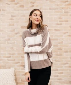 Ave Shops On The Stripes Cowl Neck In Mocha Clothing