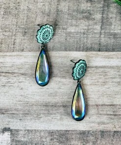 Blue Tortoise Patina Rhinestone Iridescent Earrings
