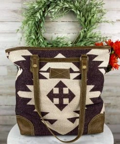 Myra Handbags & Wallets Plum & Beige Aztec Tote Handbag