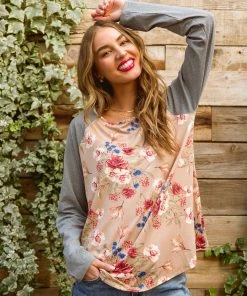 Ave Shops Clothing Raglan Floral Long Sleeved Top In Taupe