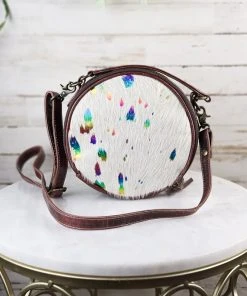 Sixtease Rainbow Splatter Cowhide Round Handbag