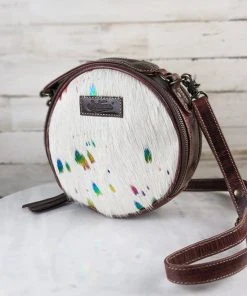 Sixtease Rainbow Splatter Cowhide Round Handbag