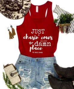 The Cinchy Cowgirl Red Just Chasin' Cows Tank Top