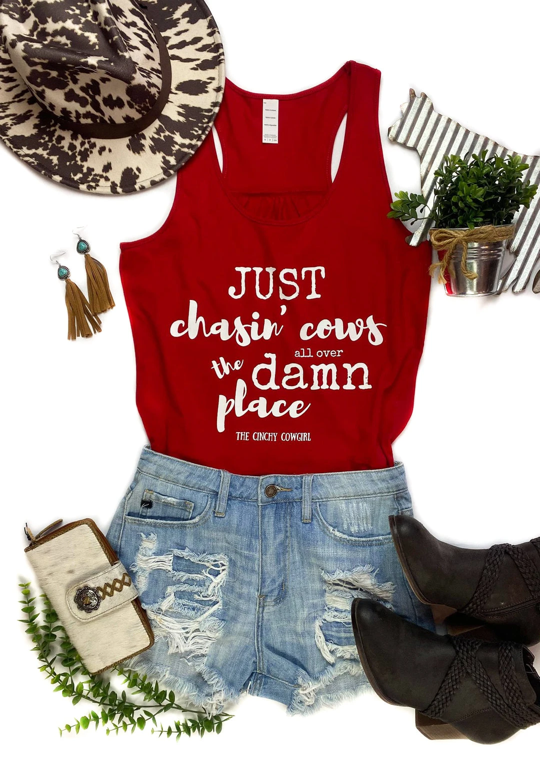 Cinchy Cowgirl Red Just Chasin' Cows Tank Top | TCC Graphic Tanks & Tees 3 The Cinchy Cowgirl Red Just Chasin' Cows Tank Top