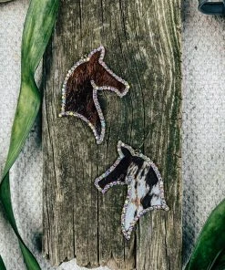 Blue Tortoise Rhinestone & Cowhide Horse Head Earrings Jewelry