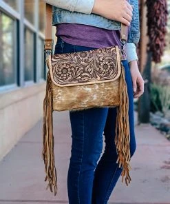 Myra Rustic Cowhide & Floral Tooled Crossbody Handbags & Wallets