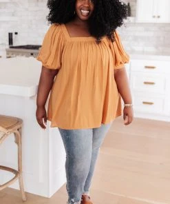 Ave Shops Saffron Square Neck Gathered Blouse | Stylish Short Sleeve Top for Women 23 Ave Shops Clothing Saffron Square Neck Gathered Blouse