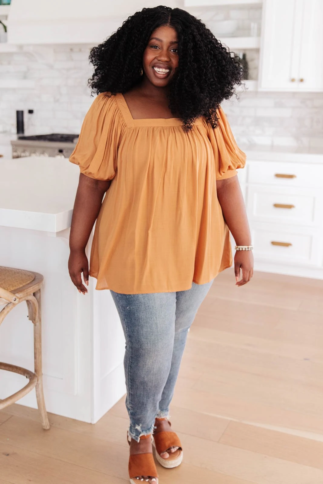 Ave Shops Saffron Square Neck Gathered Blouse | Stylish Short Sleeve Top for Women 12 Ave Shops Clothing Saffron Square Neck Gathered Blouse