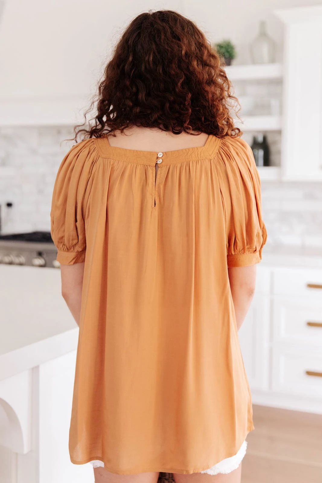 Ave Shops Saffron Square Neck Gathered Blouse | Stylish Short Sleeve Top for Women 7 Ave Shops Clothing Saffron Square Neck Gathered Blouse