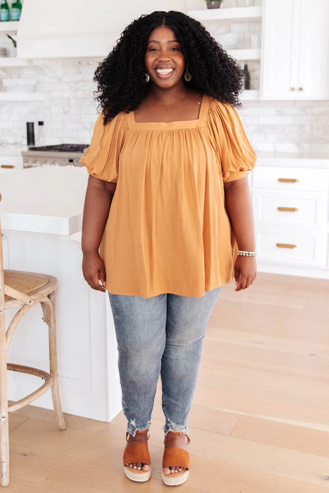 Ave Shops Saffron Square Neck Gathered Blouse | Stylish Short Sleeve Top for Women 9 Ave Shops Clothing Saffron Square Neck Gathered Blouse