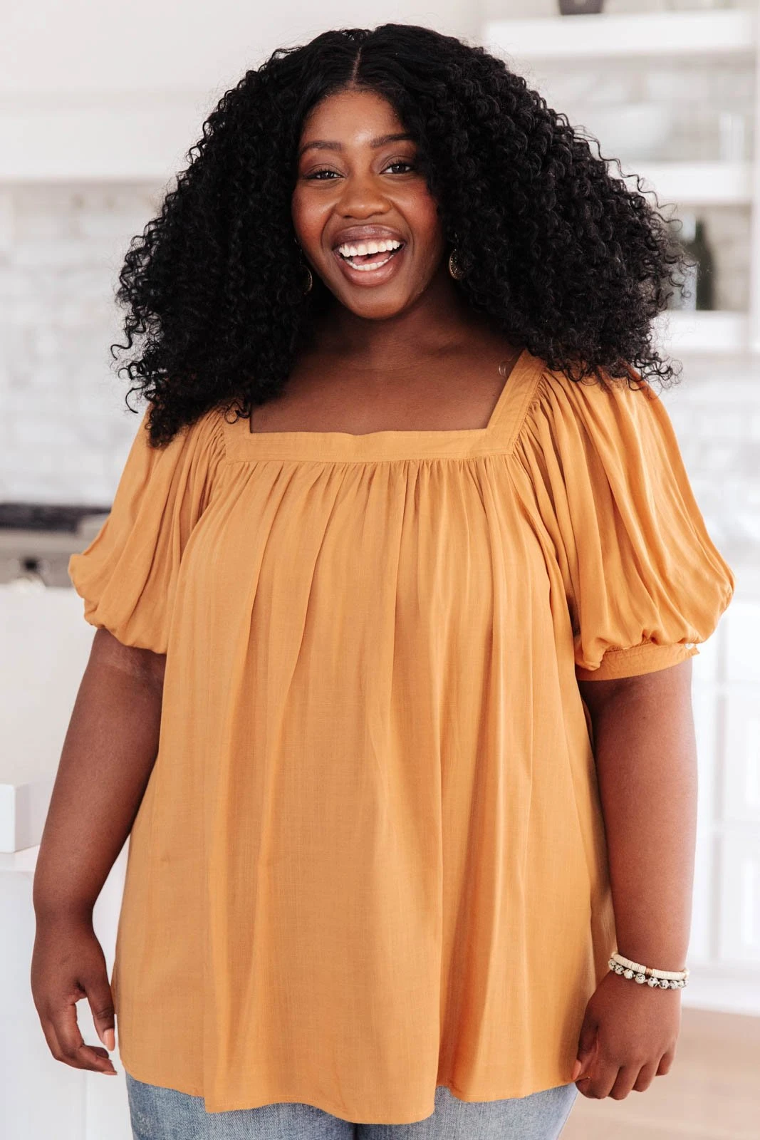 Ave Shops Saffron Square Neck Gathered Blouse | Stylish Short Sleeve Top for Women 8 Ave Shops Clothing Saffron Square Neck Gathered Blouse