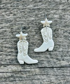 Ember Moon Shimmer White Cowboy Boot Clay Earrings