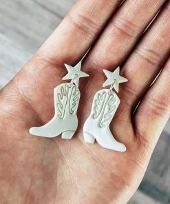 Ember Moon Shimmer White Cowboy Boot Clay Earrings