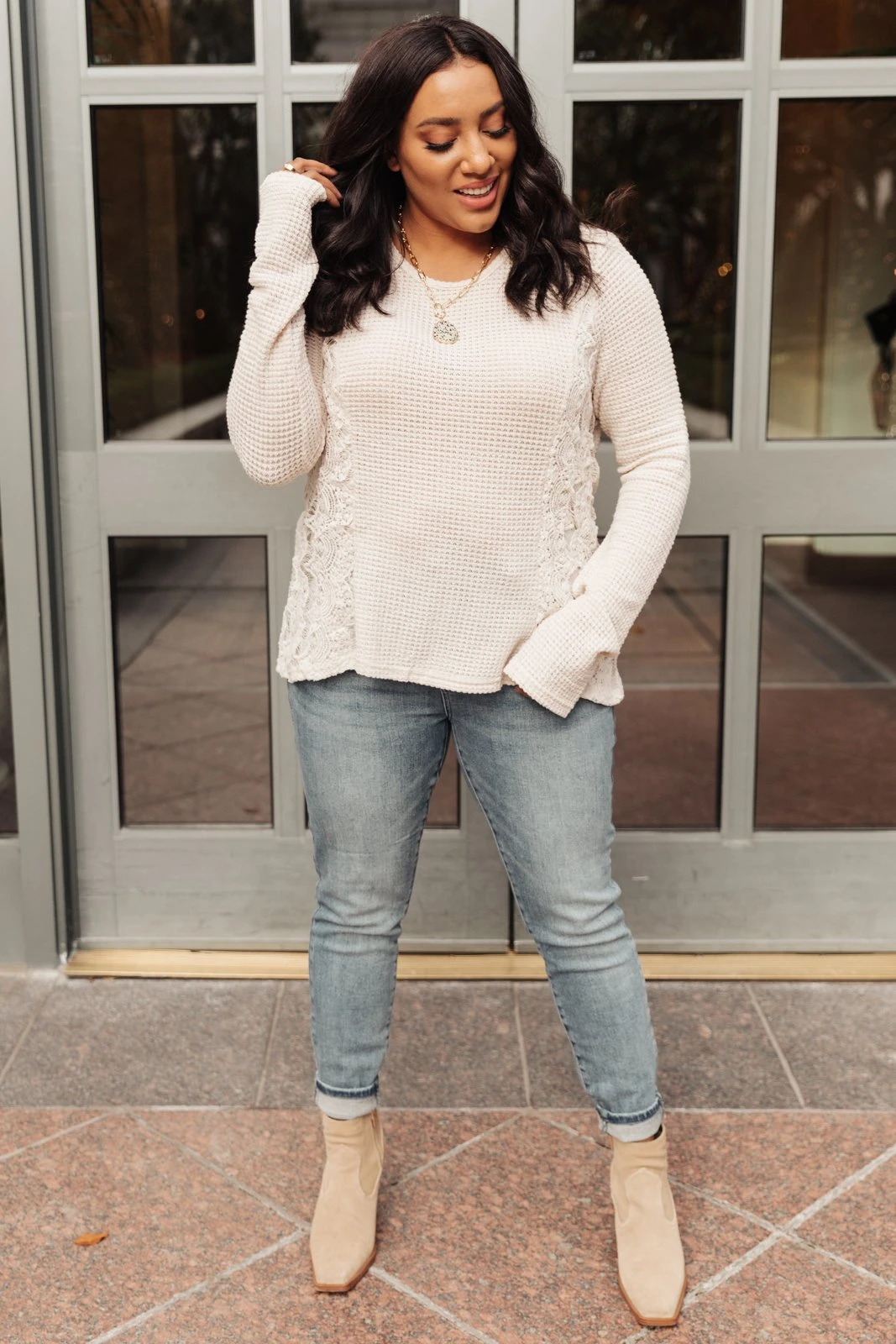 Ave Shops Beige Art Side Long Sleeve Top | Women's Stylish Blouse 7 Ave Shops Side Of Art Top In Beige