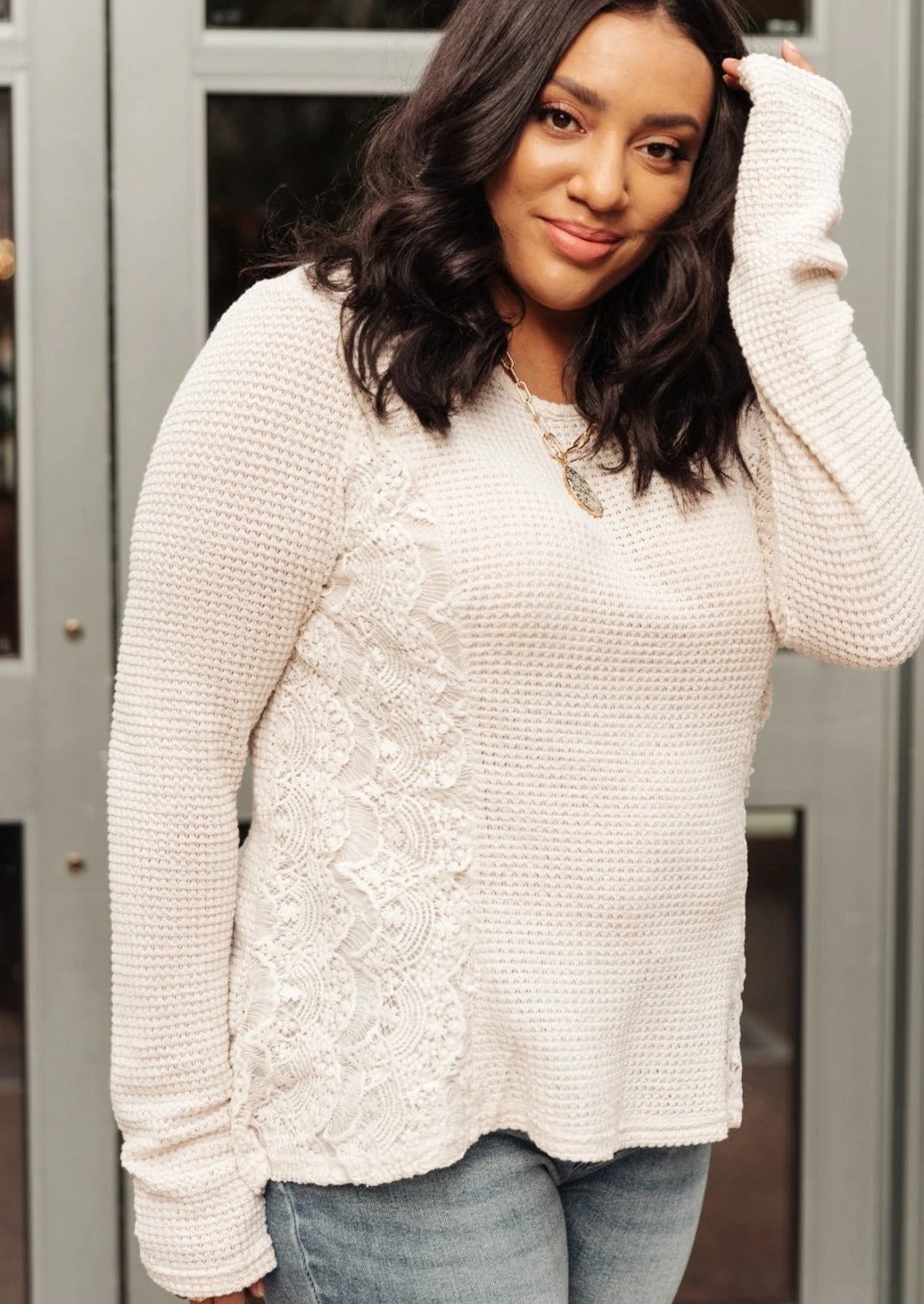 Ave Shops Beige Art Side Long Sleeve Top | Women's Stylish Blouse 3 Ave Shops Side Of Art Top In Beige