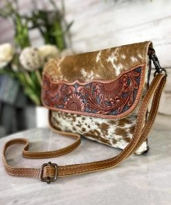 Myra Small Brown & White Cowhide Crossbody Handbags & Wallets