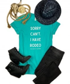 The Cinchy Cowgirl Sorry I Can't I Have Rodeo Teal Short Sleeve Graphic Tee Clothing