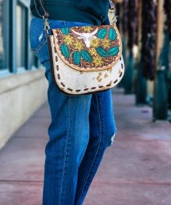 American Darling Steer Skull & Floral Cowhide Crossbody Handbag