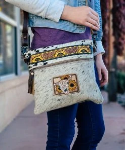 Myra Handbags & Wallets Steer Skull & Sunflower Cowhide Crossbody Handbag