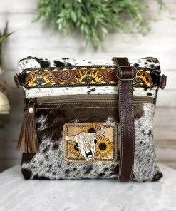 Myra Handbags & Wallets Steer Skull & Sunflower Cowhide Crossbody Handbag