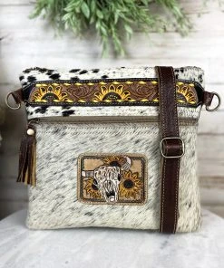 Myra Handbags & Wallets Steer Skull & Sunflower Cowhide Crossbody Handbag