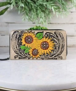 Myra Sunflower & Feathers Tooled Wallet Handbags & Wallets