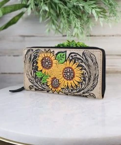 Myra Sunflower & Feathers Tooled Wallet Handbags & Wallets