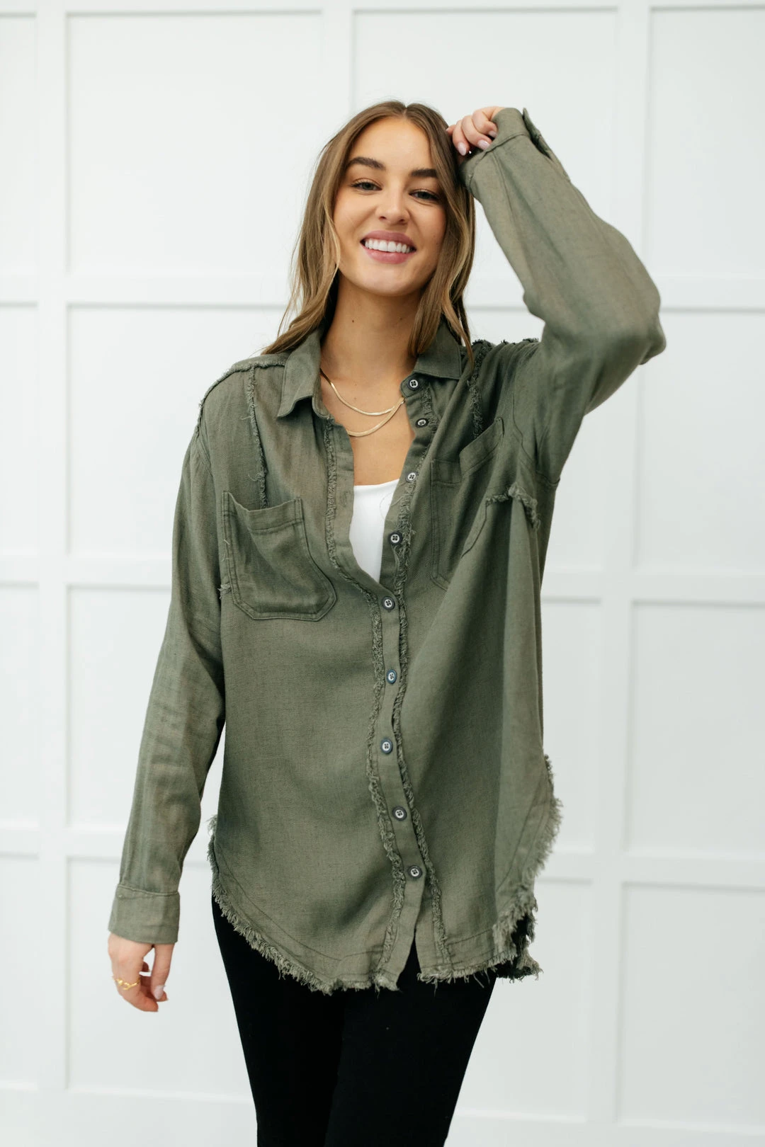 Ave Shops Sweet Kiss Olive Button Down Top - Stylish Long Sleeve Blouse 16 Ave Shops Clothing Sweet Kiss Button Down Top In Olive