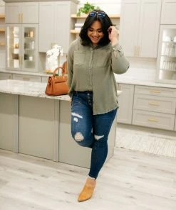 Ave Shops Sweet Kiss Olive Button Down Top - Stylish Long Sleeve Blouse 20 Ave Shops Clothing Sweet Kiss Button Down Top In Olive