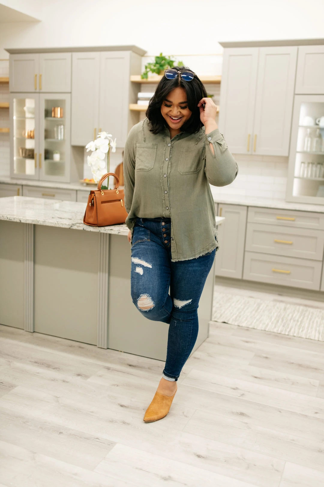 Ave Shops Sweet Kiss Olive Button Down Top - Stylish Long Sleeve Blouse 5 Ave Shops Clothing Sweet Kiss Button Down Top In Olive