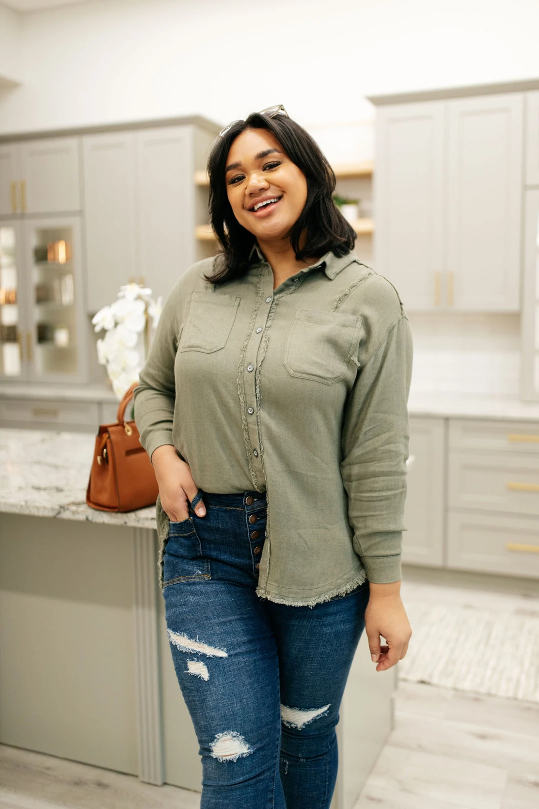 Ave Shops Sweet Kiss Olive Button Down Top - Stylish Long Sleeve Blouse 4 Ave Shops Clothing Sweet Kiss Button Down Top In Olive