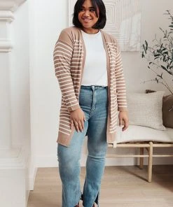 Ave Shops Swift Stripes Pocket Cardigan In Taupe