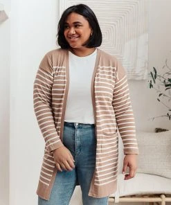 Ave Shops Swift Stripes Pocket Cardigan In Taupe