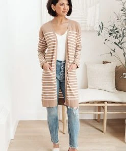 Ave Shops Swift Stripes Pocket Cardigan In Taupe