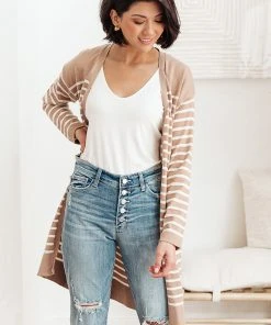 Ave Shops Swift Stripes Pocket Cardigan In Taupe