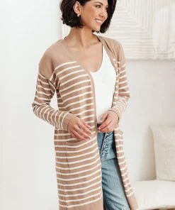Ave Shops Swift Stripes Pocket Cardigan In Taupe