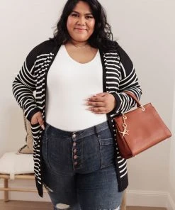 Ave Shops Swift Stripes Pocket Cardigan In Black & White Clothing