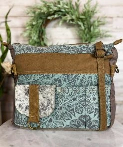 Myra Teal Abstract & Cowhide Pocket Shoulder Handbag