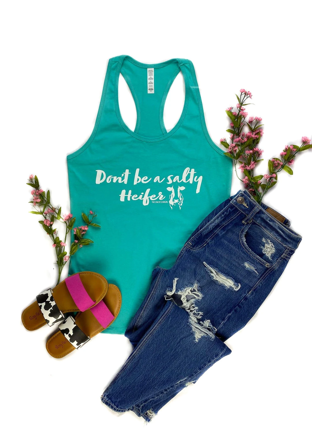 Cinchy Cowgirl Teal Don't Be A Salty Heifer Tank Top - Women's Graphic Tee 3 The Cinchy Cowgirl Teal Don't Be A Salty Heifer Tank Top Clothing
