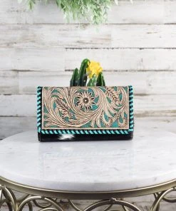 Myra Teal Floral Cowhide Buckstitch Wallet Crossbody Handbags & Wallets