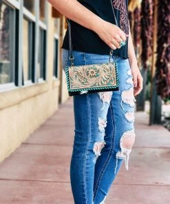 Myra Teal Floral Cowhide Buckstitch Wallet Crossbody Handbags & Wallets