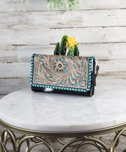 Myra Teal Floral Cowhide Buckstitch Wallet Crossbody Handbags & Wallets