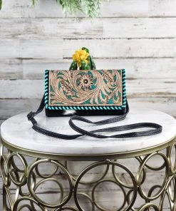 Myra Teal Floral Cowhide Buckstitch Wallet Crossbody Handbags & Wallets