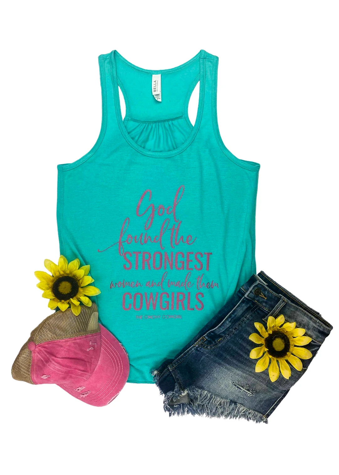 The Cinchy Cowgirl Teal God Found The Strongest Women Tank Top | TCC Graphic Tanks & Tees 3 The Cinchy Cowgirl Teal God Found The Strongest Women Tank Top