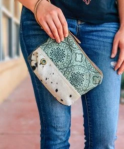 Myra Teal Pattern Cowhide Pouch/Wristlet