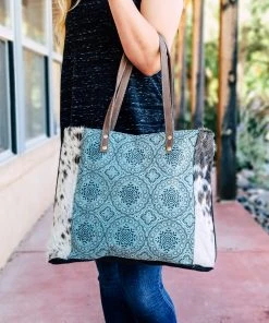 Myra Teal Pattern Cowhide Tote Handbag Handbags & Wallets