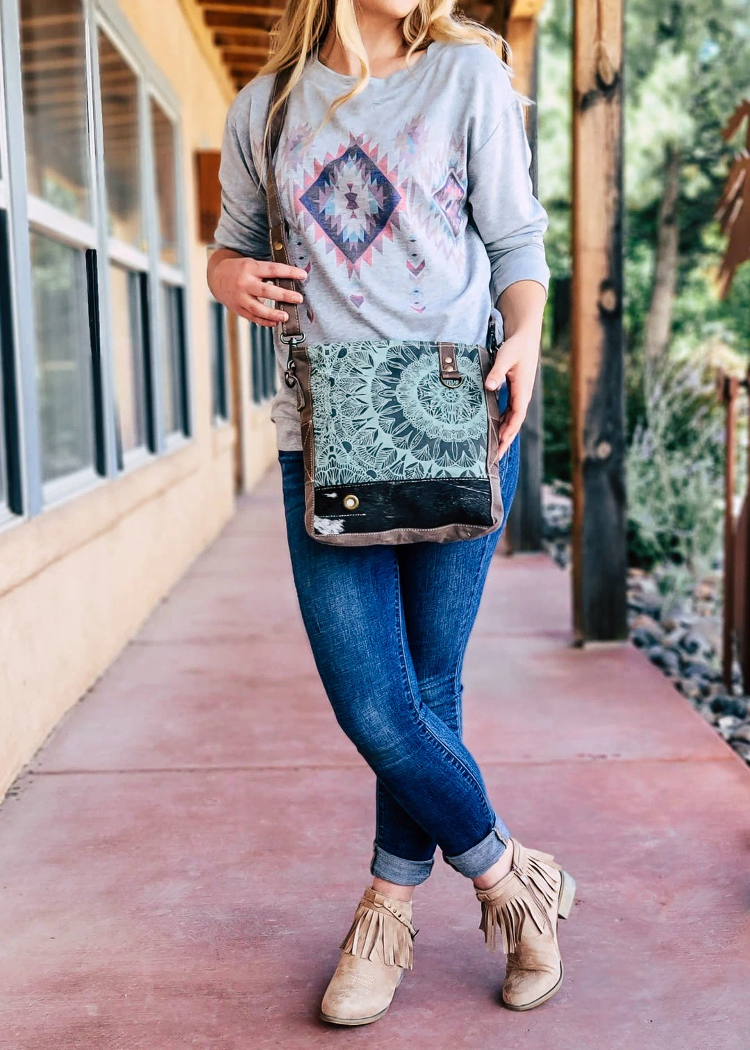 Myra Teal Pattern Floral Cowhide Crossbody Handbag - Stylish & Durable 4 Myra Teal Pattern Floral Cowhide Crossbody Handbag