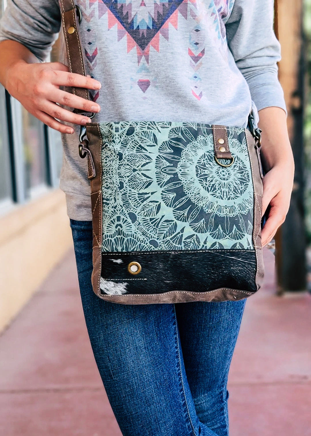 Myra Teal Pattern Floral Cowhide Crossbody Handbag - Stylish & Durable 3 Myra Teal Pattern Floral Cowhide Crossbody Handbag