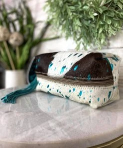Myra Handbags & Wallets Teal Splatter Cowhide Cosmetic Travel Bag
